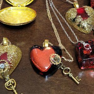 Valentine's Day Red Heart Resin Necklace with Gold Plated Gear and Key NWT